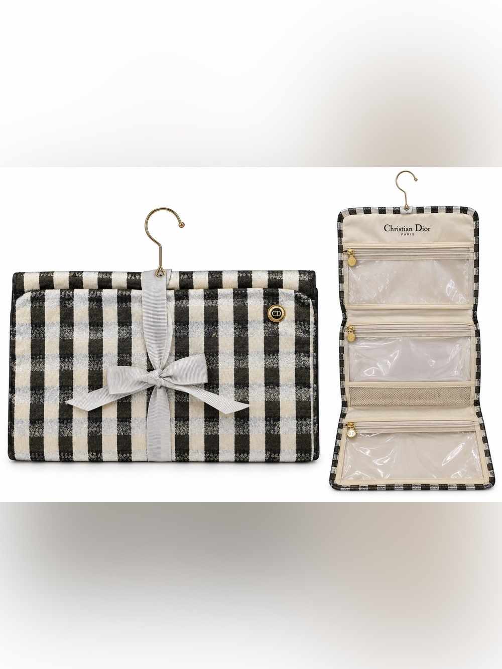Vintage Christian Dior Hanging Travel Vanity Cosmetic Organizer Checkered